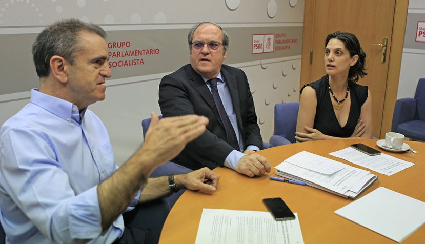 MADRID, 07/06/2017.- El portavoz del PSOE en la Asamblea de Madrid, Ángel Gabilondo (c), junto a los portavoces adjuntos, José Manuel Franco y Pilar Sánchez Acera, durante la reunión hoy del grupo parlamentario para decidir la posición de los diputados socialistas en la moción de censura de Podemos contra Cristina Cifuentes, que podría ser contrario o bien una abstención. EFE/Víctor Lerena